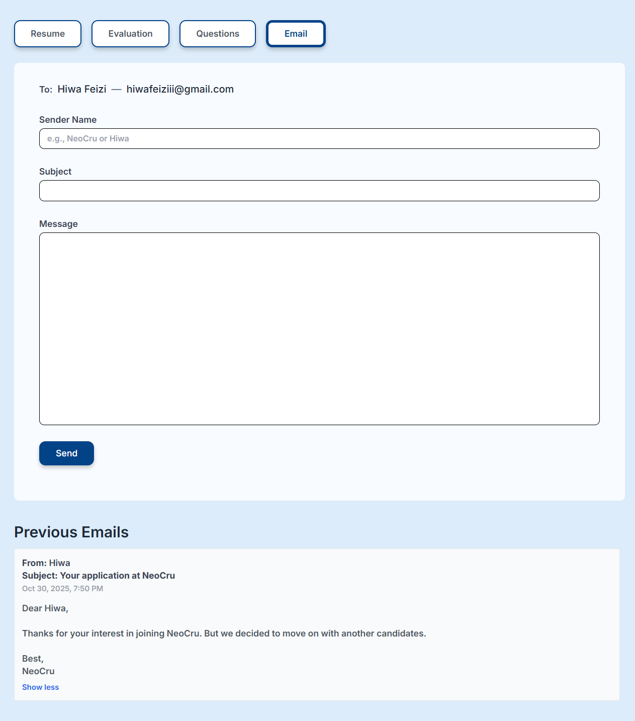 Email composer with previous emails list inside NeoCru