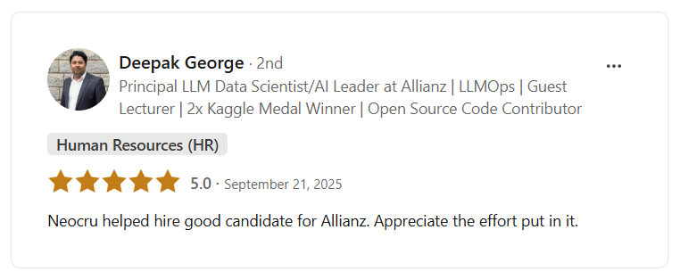 LinkedIn testimonial from a professional at Allianz mentioning NeoCru helping with hiring